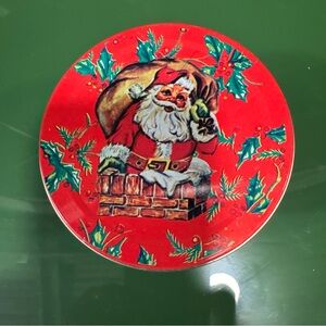 Festive Red Santa Holiday tin with handle vintage